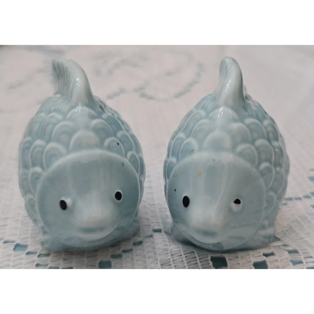 Blue Fish Salt And Pepper Vintage Glossy Ceramic. Un-used Hand Painted